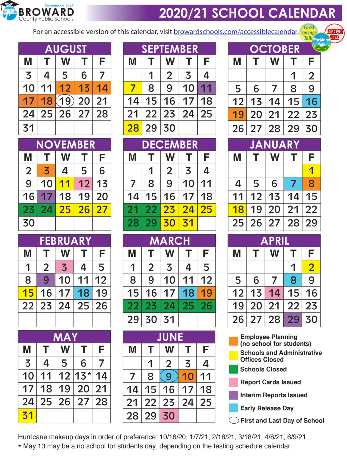 Official 2020/21 Broward County Public Schools Color Calendar