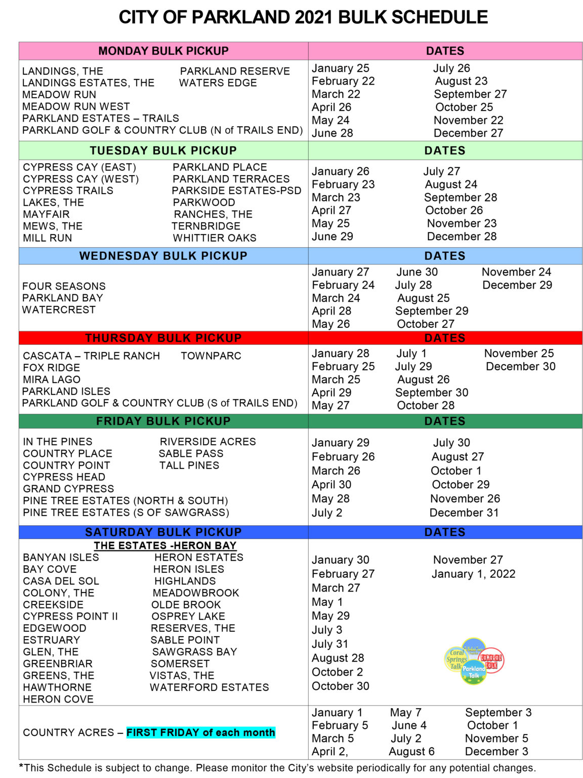 Official 2021 Bulk Trash Schedule for Parkland Florida – Parkland Talk