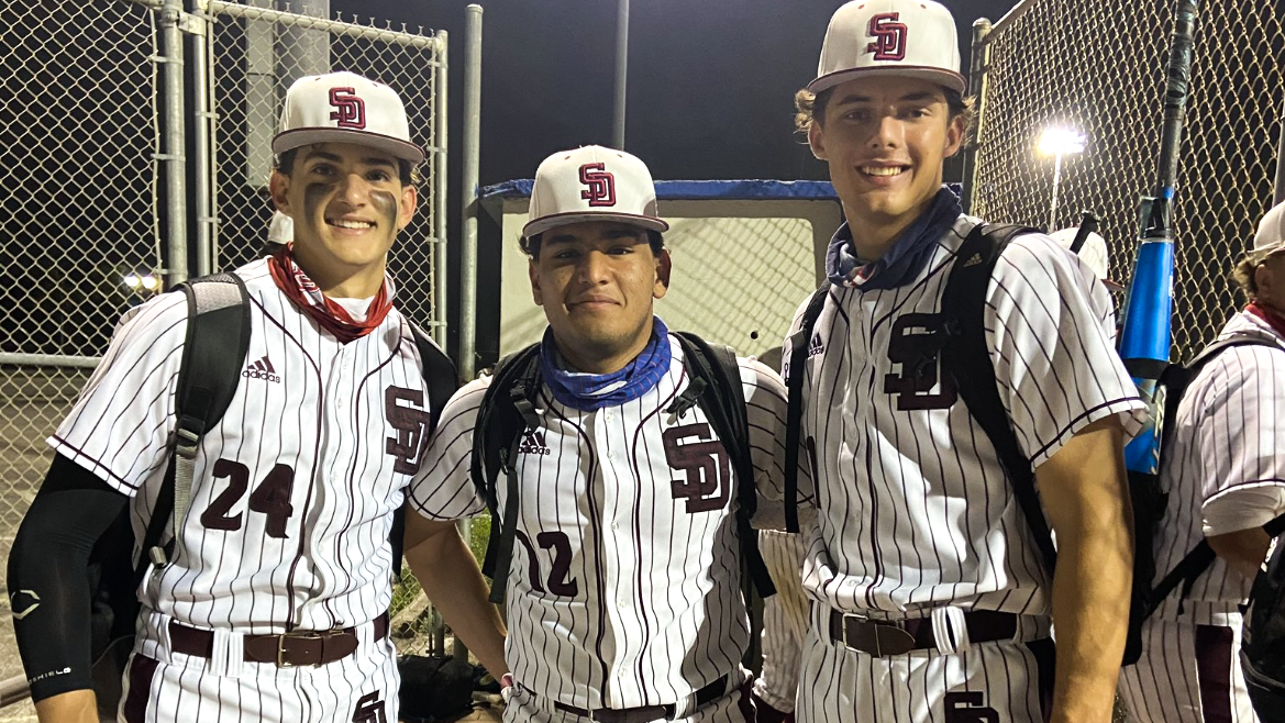 Jake Clemete, Santiago Ordonez, and Gavin Conticello of Marjory Stoneman Douglas Baseball. {@GavinConticello}